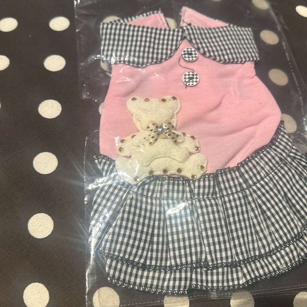 Handmade small dog sock hop dress up w/ rhinestone teddy bear accent pink/ black